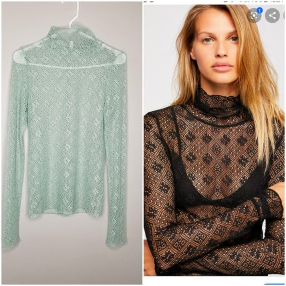 NWOT Seafoam Free People Turtleneck Lace Blouse